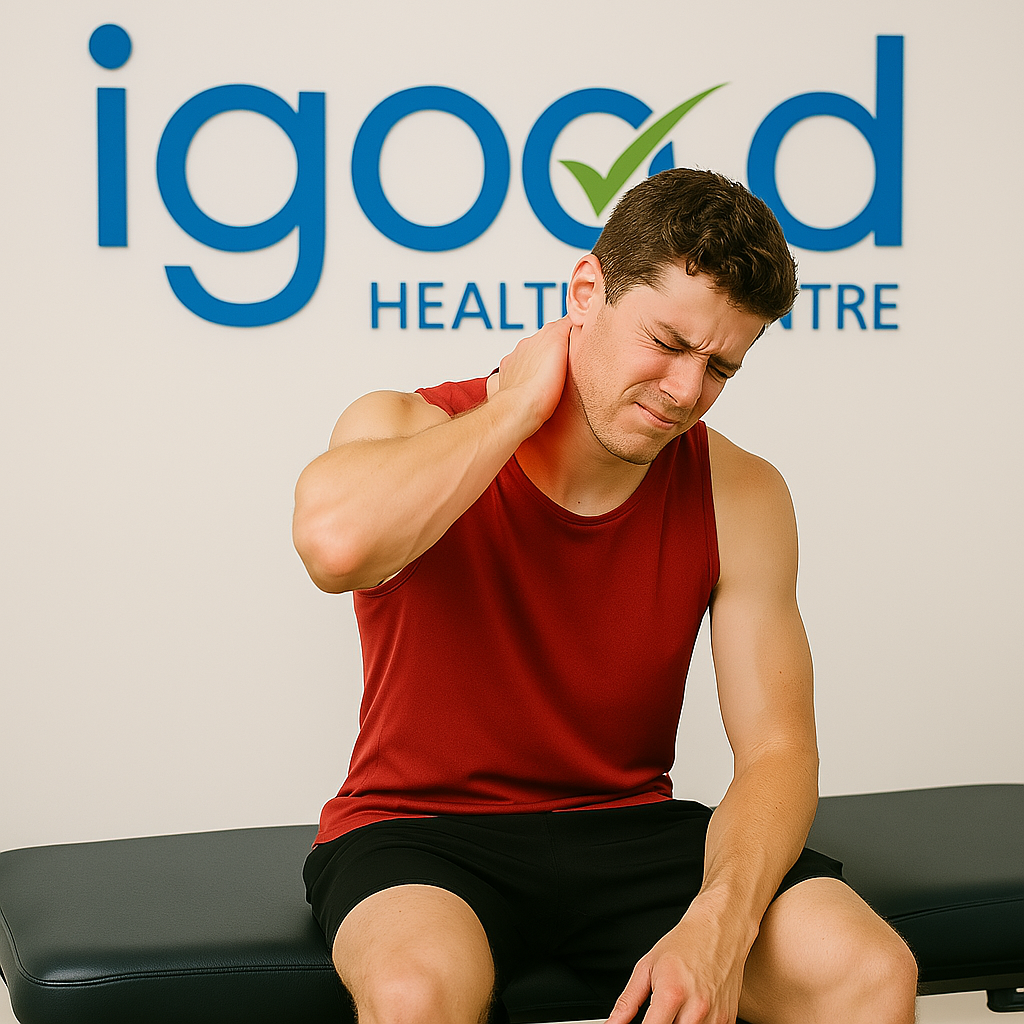 Athletic man seated on a chiropractic table holding his neck in pain with the iGood Health Centre logo in the background